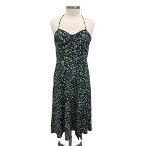 Womens L Green Yellow Floral Print Midi Dress w/Sweetheart Neckline &‎ Tie Back